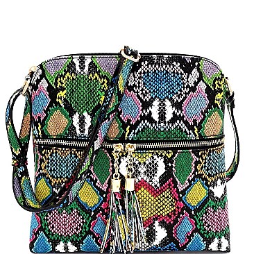 Snake Print Multi-Color Tassel Zipper Accent Crossbody Messenger