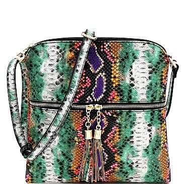 Snake Print Multi-Color Tassel Zipper Accent Crossbody Messenger