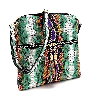 Snake Print Multi-Color Tassel Zipper Accent Crossbody Messenger