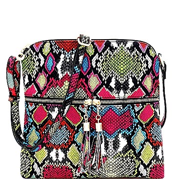 Snake Print Multi-Color Tassel Zipper Accent Crossbody Messenger