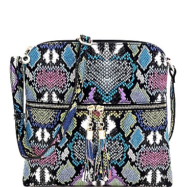 Snake Print Multi-Color Tassel Zipper Accent Crossbody Messenger