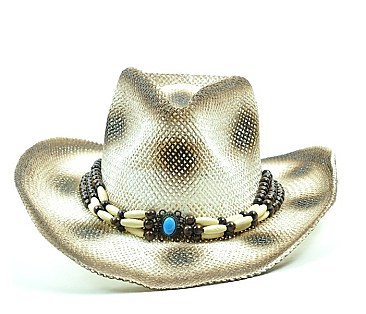 NECKLACE TRIMMED STRAW 2 TONE HAT