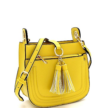 Multi-Pocket Double Tassel Accent Bucket Shoulder Bag