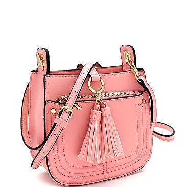 Multi-Pocket Double Tassel Accent Bucket Shoulder Bag