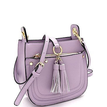 Multi-Pocket Double Tassel Accent Bucket Shoulder Bag
