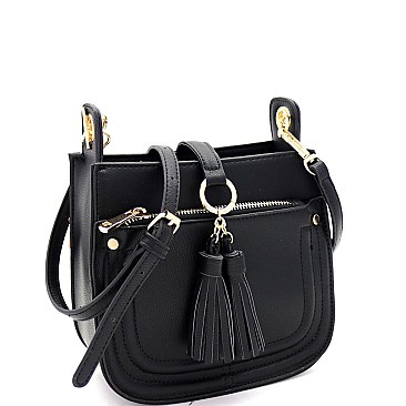 Multi-Pocket Double Tassel Accent Bucket Shoulder Bag