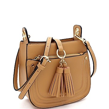 Multi-Pocket Double Tassel Accent Bucket Shoulder Bag