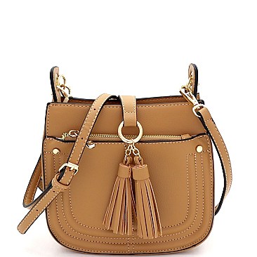 Multi-Pocket Double Tassel Accent Bucket Shoulder Bag