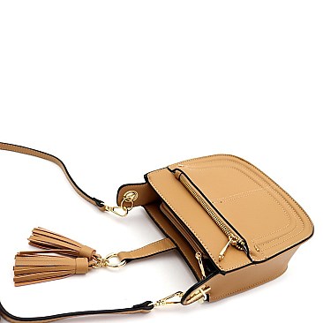 Multi-Pocket Double Tassel Accent Bucket Shoulder Bag