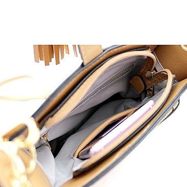 Multi-Pocket Double Tassel Accent Bucket Shoulder Bag