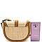 Buckle Saddle Woven Straw Mixed-Material Shoulder Bag