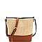 3-Compartment Woven Straw Mixed-Material Bucket Shoulder Bag