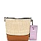 3-Compartment Woven Straw Mixed-Material Bucket Shoulder Bag