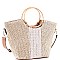 2-Way Two-Tone Round Bamboo Handle Straw Satchel
