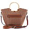 2-Way Two-Tone Round Bamboo Handle Straw Satchel
