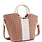 2-Way Two-Tone Round Bamboo Handle Straw Satchel