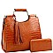 Tassel Accent Crocodile Print Satchel Wallet SET