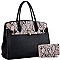Large Snake Print Padlock Accent Tote Wallet SET