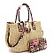 2-Way Flower Leopard Print Accent Straw Satchel Wallet SET