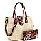 2-Way Flower Leopard Print Accent Straw Satchel Wallet SET