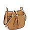 Multi-Pocket Double Tassel Accent Bucket Shoulder Bag