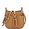 Multi-Pocket Double Tassel Accent Bucket Shoulder Bag
