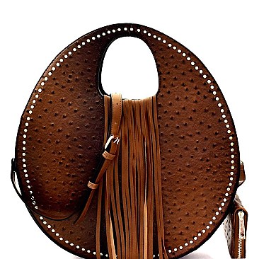 Ostrich Print Embossed Fringed Round Boutique Satchel Wallet SET