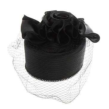 Pillbox Hat With Net Satin Floral Decor and decorated edge with diamonds MEZ2092