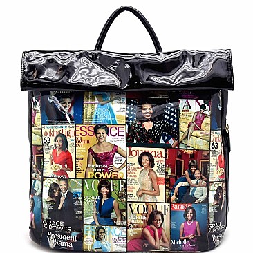 Obama Magazine Print Fold Down Flap Fashion Backpack