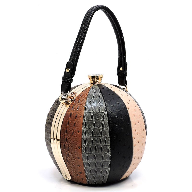 MULTI-COLORED OSTRICH PATCHWORK BALL-SHAPED LW2038A &gt; Boutique Handbags &gt; Mezon Handbags