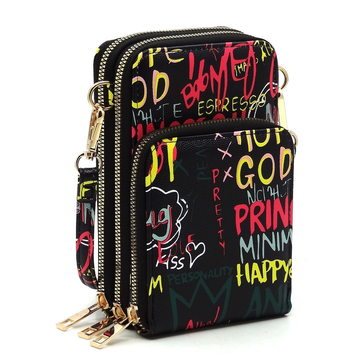 Trendy Multi Graffiti Print Cell Phone Purse Crossbody Bag FW