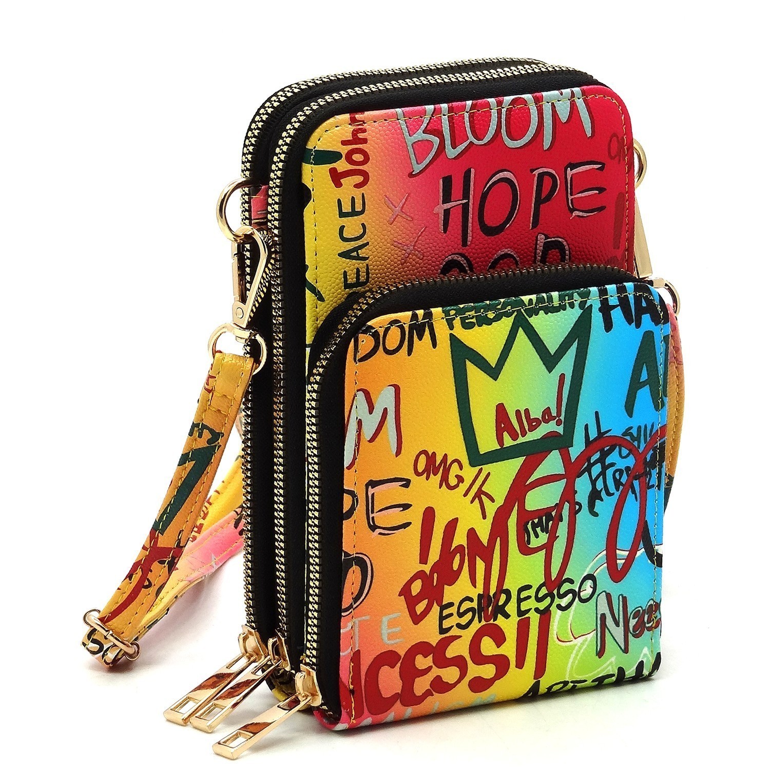 Trendy Multi Graffiti Print Cell Phone Purse Crossbody Bag FW