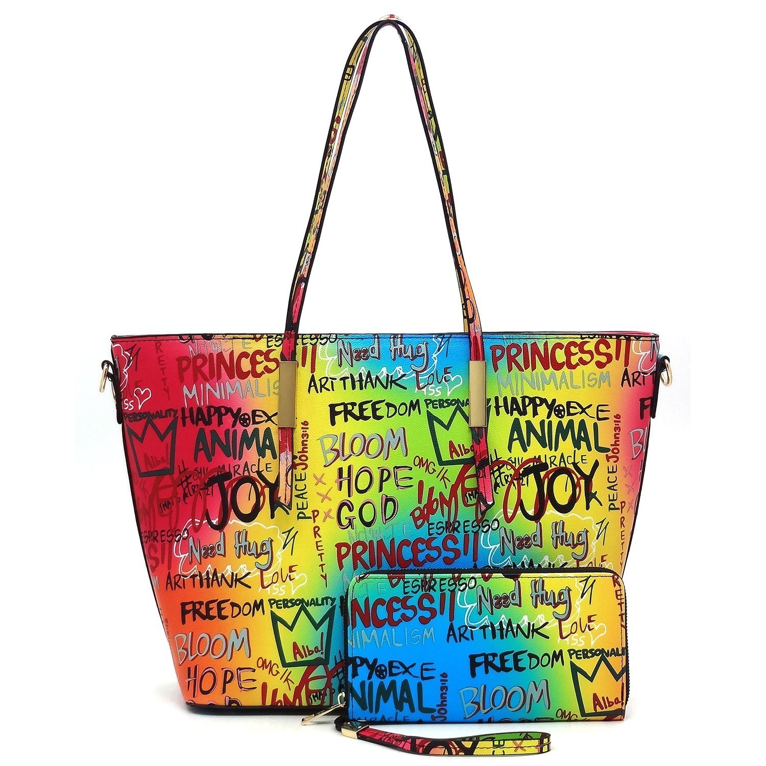 Love Graffiti Print Tote Bag For Women Trendy Chain Shoulder Bag