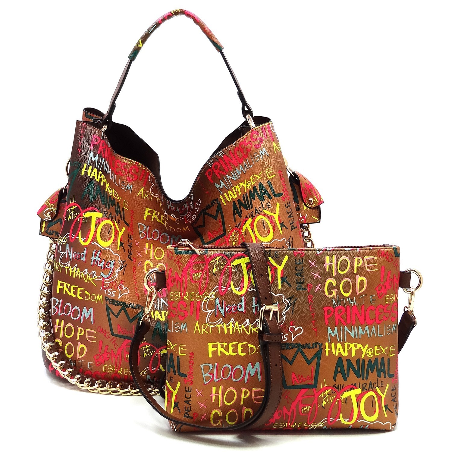 Fashionable Multi Graffiti 2-in-1 Bucket Shoulder Bag Hobo Set HF