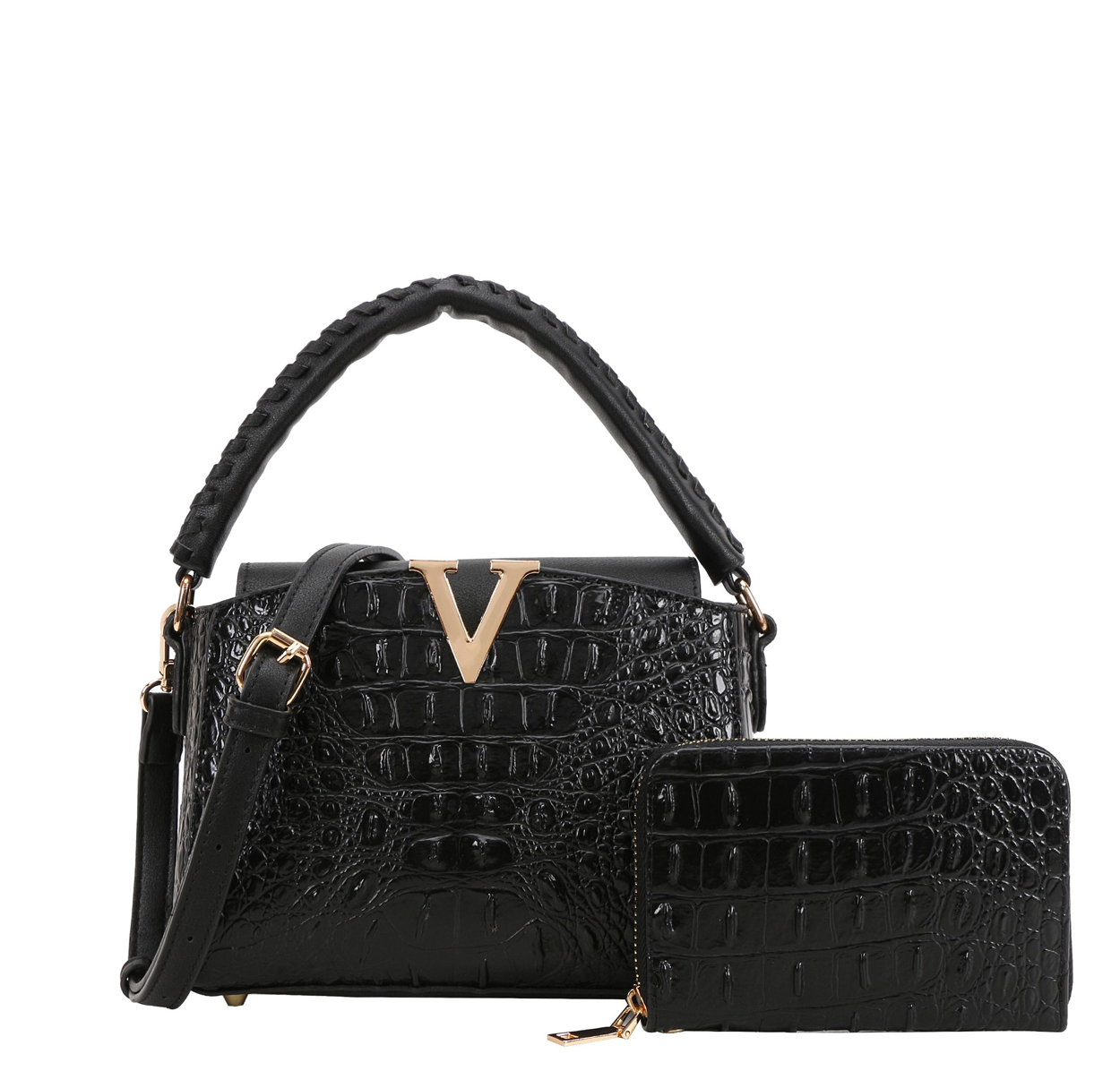 2 in-1 V- Accent Croc Satchel Purse / Wallet Set