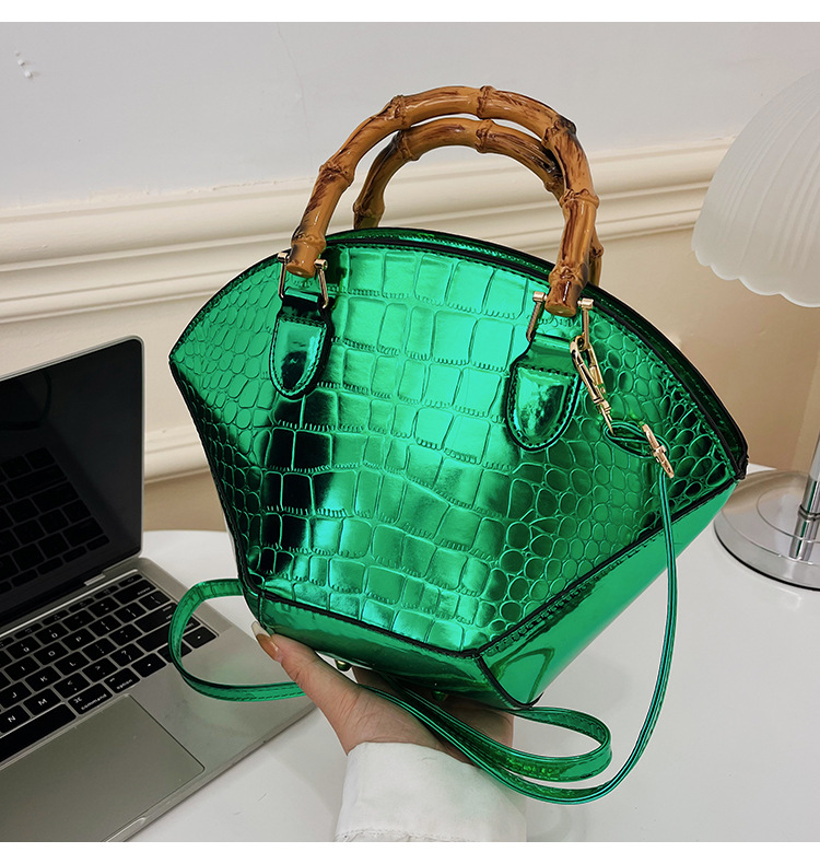 Shiny Crocodile Print Bamboo Handle Satchel > Satchel > Mezon Handbags