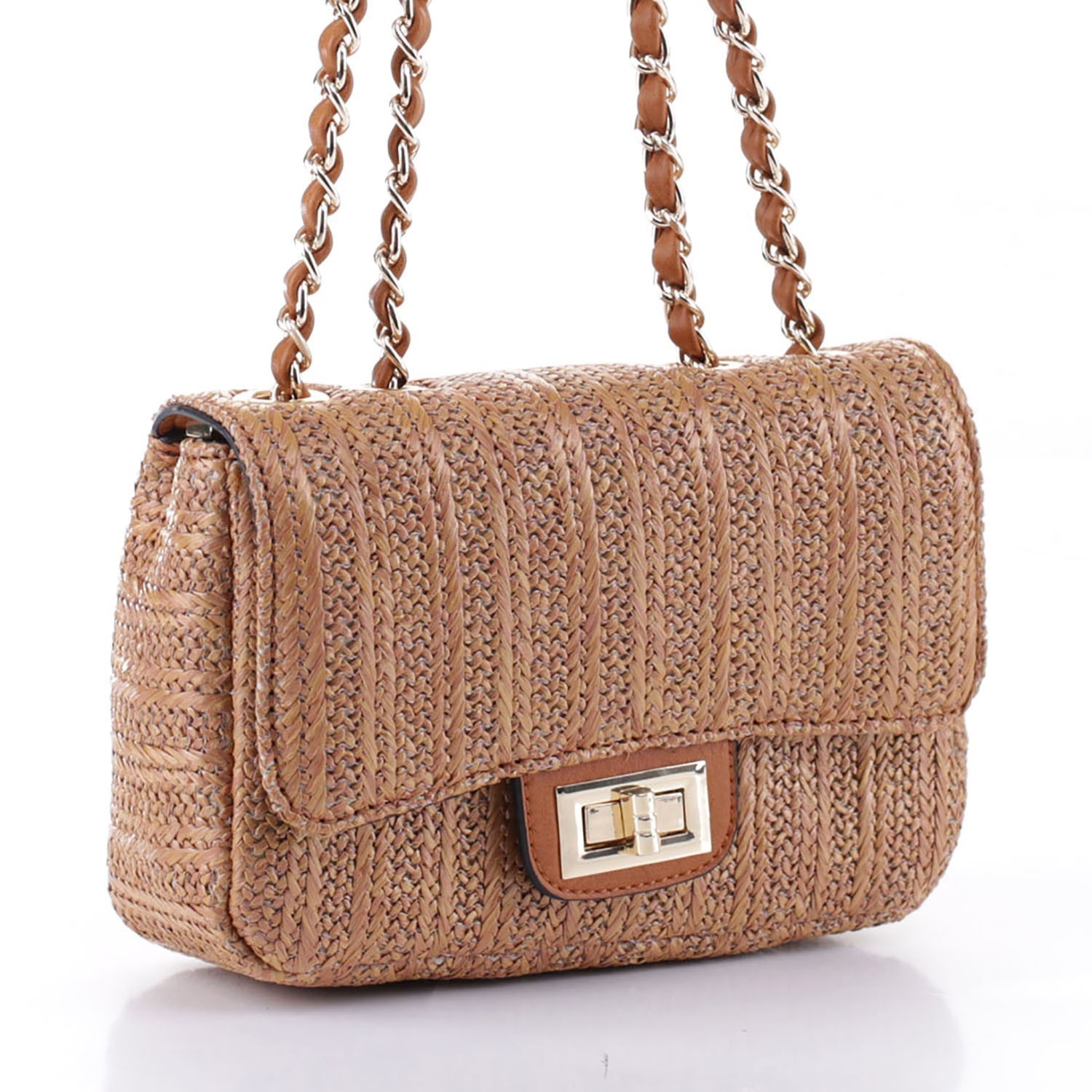 Stylish Straw Twist Lock Flap Crossbody Bag FW19719 > Straw Bags