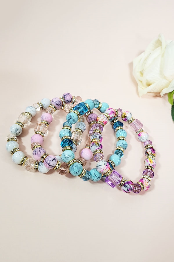 PACK 0F 12 FASHION ASSORTED COLOR Marble Design Beaded Bracelet SET