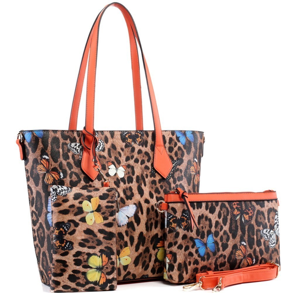 3 in 1 Butterfly Leopard Print Tote Cross Body Value SET MH-BS3658 > Animal  Print > Mezon Handbags