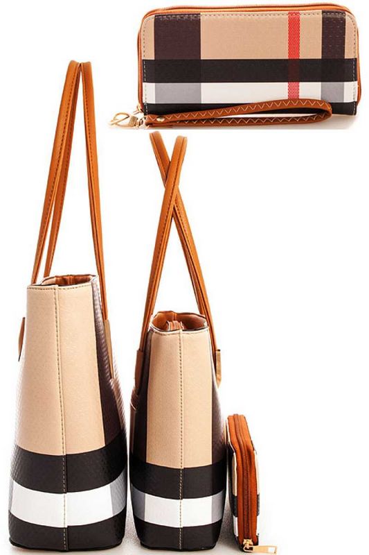 Check Pouch & Tote Bag Set - Brown Check