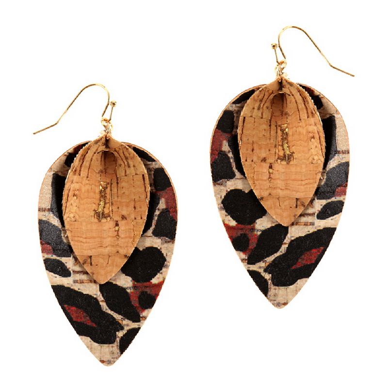 Layered Leopard Print Cork Leaf Shape Earring MH-CE1897 > Earrings