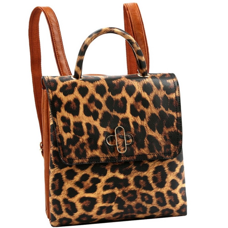 Leopard Fashion Twist Lock Flap Backpack Convertible Backpack Satchel Womens Bag