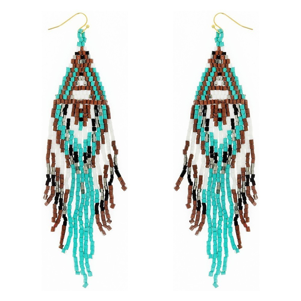 Western Seed Bead Fringe Earrings ~ Turquoise Navajo