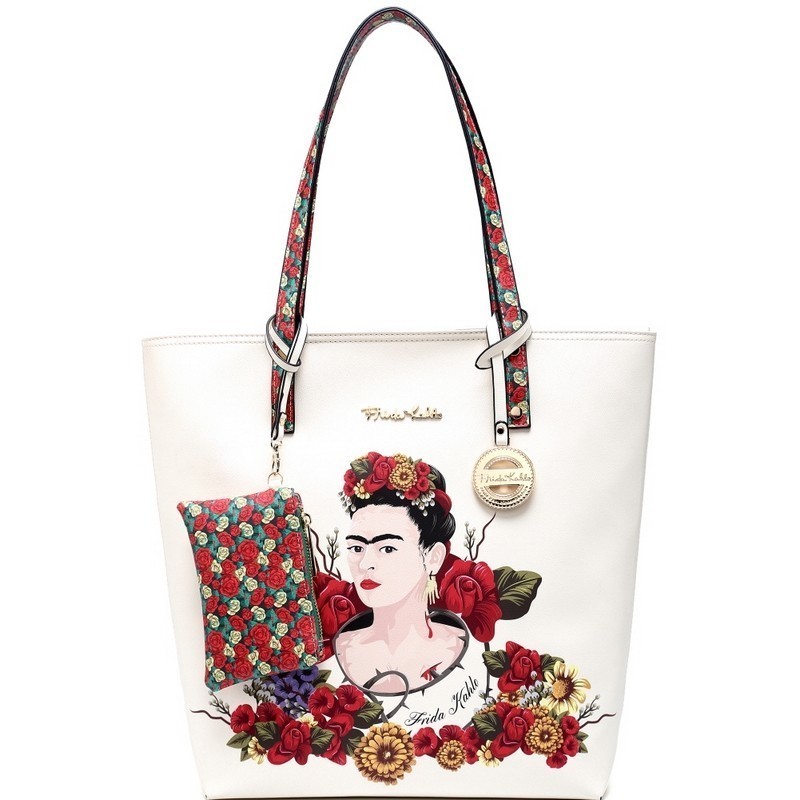 F1200 AUTHENTIC FRIDA KAHLO FLORAL BOUNTY TALL TOTE BAG~BLACK 