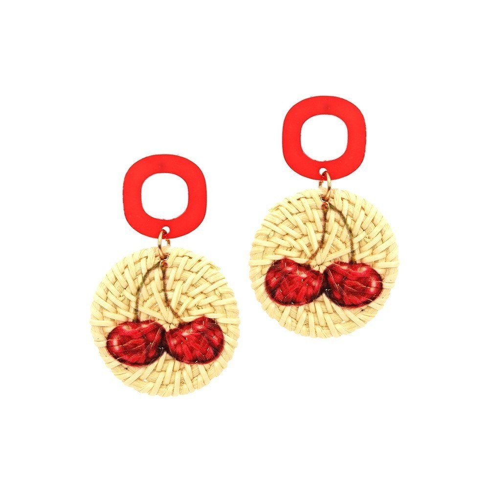 Acrylic Cherry Print Straw Post Novelty Earring MHFE3894 > Earrings