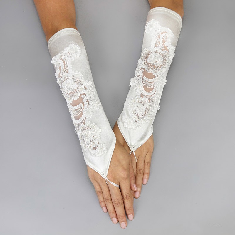 ZAZA BRIDAL Gathered Satin Fingerless Gloves – Elbow Length, Floral Embroidery Lace With Sequins & Pearls, One Size