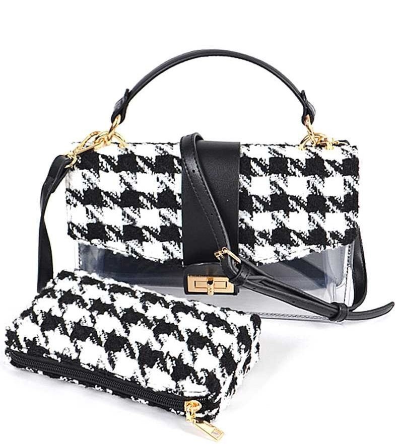 2 IN 1 TWEED HOUNDSTOOTH CLEAR BAG CLUTCH SET JY-HPC-3109 &gt; Fashion Handbags &gt; Mezon Handbags