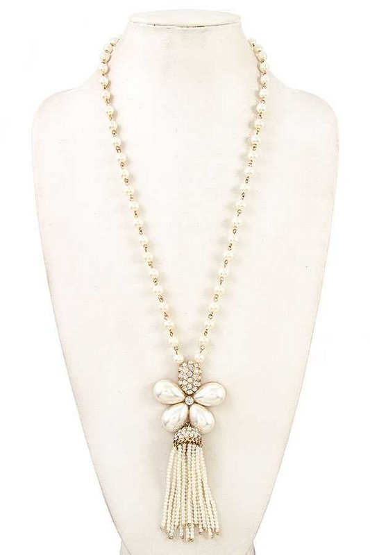 PEARL LINK FLORAL PENDANT NECKLACE AB-114010 > Fashion Necklaces > Mezon Handbags