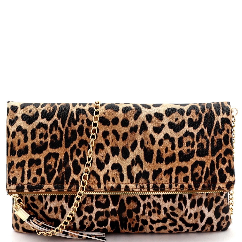 Leopard Zipper Foldover Clutch Envelope Purse Women Cross Body Bag with Chain Strap