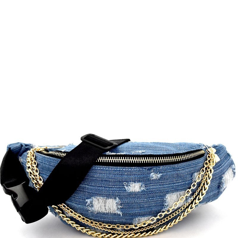 Frayed Denim Chain Fanny Pack > Fashion Handbags > Mezon Handbags